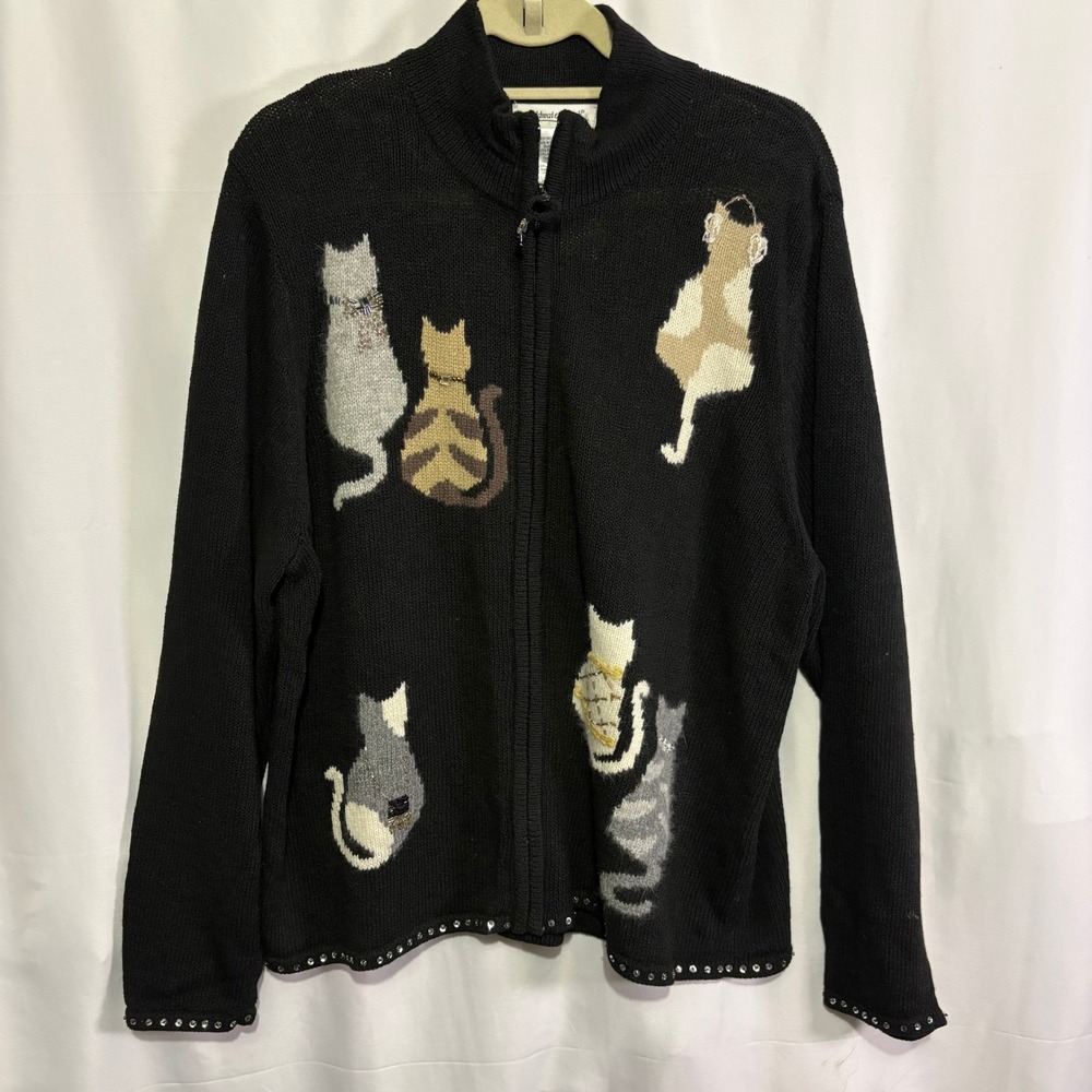 Womens Jeweled Cats Zip Cardigan Sweater 3X Ramie Angora Grandmacore Novelty